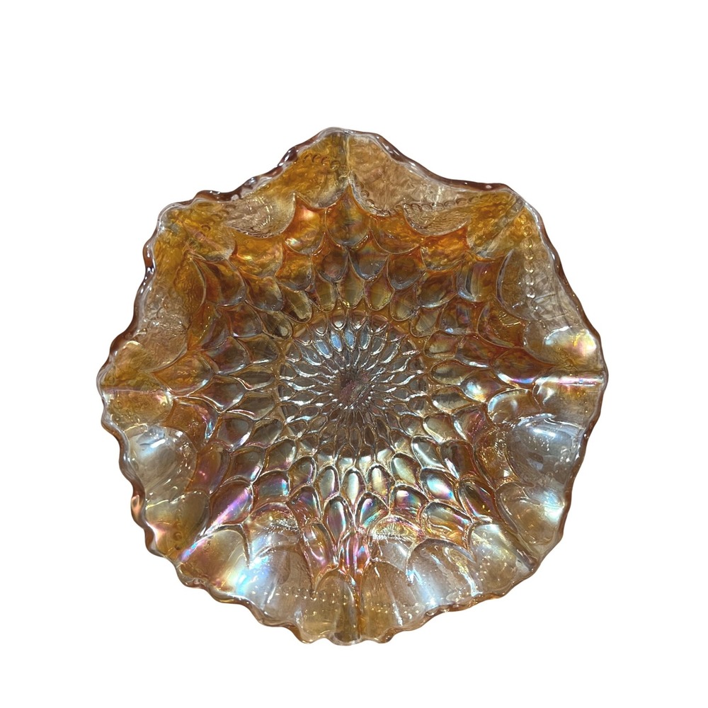 Vintage Marigold Carnival Glass Dragon and Lotus Ruffled Bowl 6 Inch Iridescent